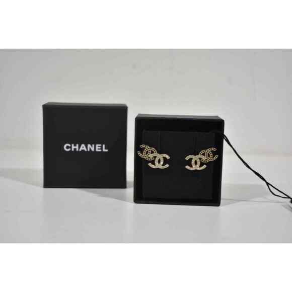 Chanel 22B Gold Black Crystal CC Double Logo Large Dangle Statement Stud Earring - Picture 2 of 12